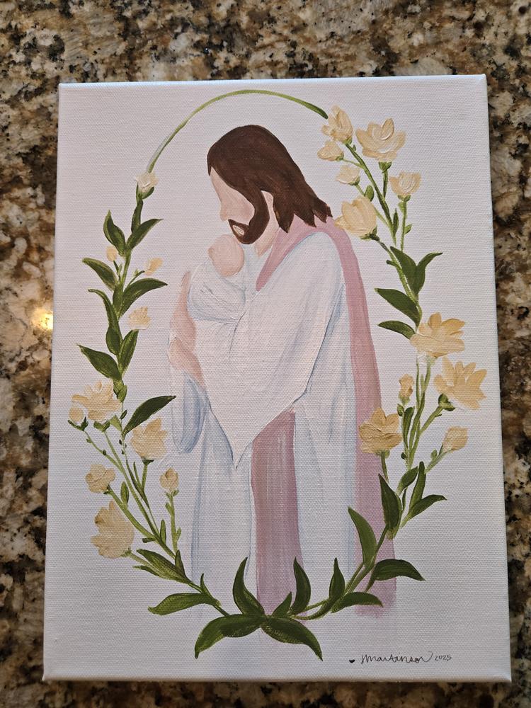 Painting of Christ holding a newborn framed by yellow flowers